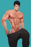  1boy abs absurdres aqua_background bara black_hair black_pants closed_mouth clothes_pull highres large_pectorals male_focus male_pubic_hair muscular muscular_male naoki_(xhju8282) navel nipples no_male_underwear original pants pants_pull pectorals penis penis_peek pubic_hair short_hair simple_background solo topless_male 