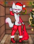  absurd_res anthro balls big_ears blush canid canine canis christmas cute_expression cute_eyes cute_fangs fennec fluffy fluffy_tail fox genitals girly hi_res holidays knot male mammal nude penis pinup pose smile solo tail white_balls wolf xiomih 