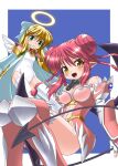  2girls :d :o angel_wings aqua_eyes armor avatar_(eco) bangs bare_shoulders bat_wings bell belt black_tail blonde_hair blue_bow blue_cape blue_sleeves body_blush bow bowtie braid breasts cape cleavage cleavage_cutout clothing_cutout covered_navel demon_girl detached_sleeves dominion_(eco) double_bun elbow_gloves emil_chronicle_online fangs fingerless_gloves fingernails flat_chest gloves gold_belt gold_trim hair_between_eyes hair_bow hair_bun halo knee_pads knees_together_feet_apart leotard long_hair long_sleeves medium_breasts mini_wings multiple_girls navel neck_bell open_mouth orange_eyes pink_armor pink_hair pink_thighhighs pointy_ears puffy_long_sleeves puffy_sleeves purple_wings quad_braids red_bow red_bowtie shinjou_satomi shoulder_armor sidelocks slit_pupils smile thighhighs titania_(eco) vambraces white_gloves white_leotard white_thighhighs white_wings wings zettai_ryouiki 