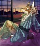  67drttk anthro asian_clothing balcony bed blush canid canine canis clothed clothing ear_piercing ear_ring east_asian_clothing fireworks furniture hi_res hotel jackal japanese_clothing lifewonders looking_at_viewer male mammal no_underwear piercing ring_piercing seth_(tas) solo tokyo_afterschool_summoners yukata 