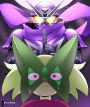  anthro armor bodily_fluids bunnemilk duo facial_markings felid feline female fur generation_9_pokemon glowing glowing_eyes green_body green_fur head_markings hi_res humanoid kamen_rider kamen_rider_shinobi male mammal markings mask meowscarada ninja nintendo pink_eyes pokemon pokemon_(species) purple_background purple_scarf rider_time:_kamen_rider_shinobi scared scarf simple_background sweat sweatdrop warrior wide_eyed 