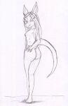  anthro biped butt female flat_chested graphite_(artwork) hair kangaroo long_hair long_tail looking_back macropod mammal marsupial monochrome nipples nude pencil_(artwork) reddragonkan sketch solo tail traditional_media_(artwork) 