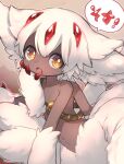  1girl child claws dark-skinned_female dark_skin extra_arms faputa female_child hand_on_own_face highres lower_teeth_only made_in_abyss navel open_mouth shimogu solo speech_bubble teeth topless white_fur white_hair yellow_eyes 