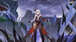  1girl :d bangs black_footwear black_gloves boots chinese_clothes cloud cloudy_sky copyright_name fu_hua fu_hua_(herrscher_of_sentience) fu_hua_(valkyrie_accipiter) gloves grass grey_sky highres honkai_(series) honkai_impact_3rd long_hair looking_at_viewer mountainous_horizon official_art open_mouth outdoors red_eyes sky smile solo standing thigh_boots white_hair 