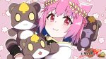  1girl :&lt; :&lt;&gt; :3 black_gloves braid closed_mouth gloves hair_flaps highres holding holding_stuffed_toy konotegashiwa_kanenaga kusano_houki laurel_crown official_art pink_eyes pink_hair short_hair sidelocks spade_(shape) stuffed_toy tanuki tenka_hyakken thick_eyebrows 