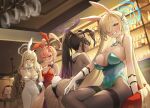  4girls :&lt; absurdly_long_hair ahoge akane_(blue_archive) akane_(bunny)_(blue_archive) animal_ears ass asuna_(blue_archive) asuna_(bunny)_(blue_archive) back backless_leotard bangs bar_(place) bar_stool bare_back bare_shoulders black-framed_eyewear black_leotard blue_archive blue_bow blue_bowtie blue_eyes blue_leotard blue_ribbon blurry blush bottle bow bowtie braid breasts brown_eyes brown_hair brown_pantyhose brown_shawl cleavage clothes_down collar commentary counter covered_navel cowboy_shot crossed_legs cup dark-skinned_female dark_skin depth_of_field detached_collar drinking_glass earrings elbow_rest fake_animal_ears fake_tail fishnet_pantyhose fishnets fringe_trim glasses gloves gradient_hair grin groin gya_(144) hair_over_one_eye halo hand_up high_ponytail highleg highleg_leotard indoors jacket jewelry karin_(blue_archive) karin_(bunny)_(blue_archive) large_breasts leaning leotard light_brown_hair long_hair looking_at_viewer mole mole_on_breast mole_under_eye multicolored_hair multiple_girls neru_(blue_archive) neru_(bunny)_(blue_archive) official_alternate_costume one_eye_covered open_mouth oversized_breast_cup pantyhose pink_eyes pink_hair playboy_bunny print_jacket purple_hair rabbit_ears rabbit_tail red_bow red_bowtie red_leotard ribbon sensei_(blue_archive) shawl short_hair side-tie_leotard sideboob sidelocks sideways_glance single_braid sitting small_breasts smile standing stool strapless strapless_leotard stud_earrings sukajan swept_bangs tail thighband_pantyhose thighs traditional_bowtie very_long_hair white_collar white_gloves white_leotard white_pantyhose wing_collar yellow_eyes 
