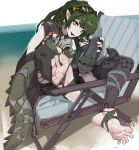  1girl absurdres antenna_hair arknights barefoot beach chair crocodilian_tail er_ling_balu feet gavial_(arknights) gavial_the_invincible_(arknights) goggles goggles_on_head green_hair highres large_tail long_hair looking_at_viewer mask mask_around_neck open_mouth pointy_ears respirator sandals shoes soles tail thighhighs toes torn_clothes torn_thighhighs 