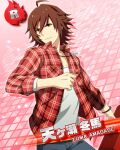  1boy ahoge amagase_touma brown_eyes brown_hair character_name hair_between_eyes idolmaster idolmaster_side-m male_focus official_art open_clothes open_shirt pink_background serious shirt third-party_edit white_shirt 