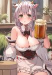  1girl alcohol animal_ears animal_print apron architecture bangs bare_shoulders beer beer_mug black_bow black_bowtie blunt_bangs blush bottle bow bowtie breasts chestnut_mouth cleavage commentary cow_ears cow_horns cow_print cropped_legs cup detached_collar detached_sleeves dirndl dot_nose drink frilled_skirt frills german_clothes german_text green_eyes grey_hair hair_behind_ear highres holding holding_cup holding_drink hololive horns large_breasts long_hair looking_at_viewer mole mole_on_breast momomiya mug official_alternate_costume official_alternate_hair_length official_alternate_hairstyle open_mouth plant puffy_detached_sleeves puffy_sleeves shirogane_noel sitting skirt solo upper_body waist_apron white_apron window wrist_cuffs 