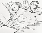  2boys abs arm_hair bara billy_russell_(dickfish) boxers bulge cigarette couple dickfish_(fishismdick) facial_hair feet_out_of_frame glasses john_rottweil_(dickfish) large_pectorals leg_up lying male_focus male_underwear mature_male multiple_boys muscular muscular_male mustache navel navel_hair nipples on_back on_bed on_side original pectorals pillow scan short_hair sideburns sketch smoking stomach talking thick_eyebrows thick_thighs thighs topless_male traditional_media translation_request underwear underwear_only yaoi 