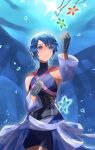  1girl aqua_(kingdom_hearts) bangs bare_shoulders bike_shorts blue_eyes blue_hair chest_strap detached_sleeves fingerless_gloves gloves highres holding holding_jewelry holding_necklace jewelry kingdom_hearts looking_up necklace parted_lips short_hair shorts solo star_(symbol) star_necklace xionnoewokakuyo 