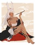  animal_ears arm_tattoo avatar_(ff14) barefoot braid breasts cleavage dark-skinned_female dark_skin final_fantasy final_fantasy_xiv highres holding holding_smoking_pipe japanese_clothes kimono kiseru large_breasts leg_tattoo long_hair lyra-kotto nail_polish obi off_shoulder one_eye_closed rabbit_ears red_eyes sarashi sash smoking_pipe tattoo toenail_polish toenails viera white_hair 