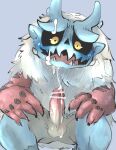  anthro balls black_sclera blue_background blue_body blush bodily_fluids capcom censor_bar censored censored_genitalia censored_penis claws cum cum_drip cum_on_face cum_on_penis cum_on_self cum_string doneru dripping erection fangs fur genital_fluids genitals goss_harag hi_res horn humanoid_genitalia humanoid_penis ineffective_censorship looking_at_viewer male monster_hunter multicolored_body penis primatius red_body simple_background smile solo teeth white_body white_fur 
