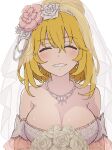  1girl ^_^ absurdres blonde_hair bouquet breasts bridal_veil bride cleavage closed_eyes commentary_request dress facing_viewer flower highres holding holding_bouquet rose shokuhou_misaki smile solo teruya_(6w6y) toaru_kagaku_no_railgun toaru_majutsu_no_index veil wedding_dress white_background white_dress white_flower white_rose 