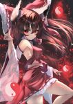  1girl absurdres animal_ears armpits bangs bow breasts brown_hair detached_sleeves dfra fox_ears fox_shadow_puppet hair_bow hakurei_reimu highres large_breasts long_hair looking_at_viewer nontraditional_miko orb red_bow red_eyes red_skirt ribbon-trimmed_skirt ribbon_trim sideboob sidelocks skirt solo thighs touhou wide_sleeves yin_yang yin_yang_orb 