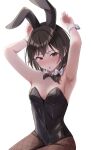  1girl animal_ears armpits black_leotard blush bow bowtie breasts brown_eyes detached_collar fake_animal_ears fishnets fumei_(mugendai) highres leotard pantyhose playboy_bunny rabbit_ears solo strapless strapless_leotard touhou usami_renko wrist_cuffs 