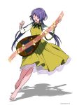  1girl artist_name barefoot beamed_sixteenth_notes biwa_lute chain closed_eyes dress fingernails flower frilled_dress frills full_body hair_flower hair_ornament highres instrument long_hair long_sleeves lute_(instrument) music musical_note nail_polish namauni open_mouth playing_instrument purple_hair quarter_note quarter_rest shadow simple_background sixteenth_note smile solo toenail_polish toenails touhou treble_clef tsukumo_benben white_background white_flower yellow_dress yellow_nails 
