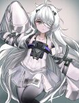  1girl absurdres ahoge bandage_over_one_eye bare_shoulders detached_sleeves dress flat_chest green_eyes grey_background highres long_hair mochigana no.21_(punishing:_gray_raven) punishing:_gray_raven sleeves_past_fingers sleeves_past_wrists very_long_hair white_dress white_hair 