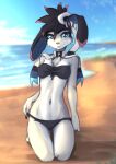  2023 anthro beach bikini black_hair blue_eyes blue_sclera blurred_background breasts cheek_tuft chest_tuft clothing day ear_piercing eeveelution eyebrow_piercing eyelashes facial_piercing facial_tuft female floppy_ears full-length_portrait fur generation_6_pokemon hair hi_res highlights_(coloring) kneeling looking_at_viewer multicolored_hair navel nintendo open_mouth outside piercing pink_hair pink_nose pokemon pokemon_(species) portrait seaside shadow short_hair slim solo swimwear sylveon tan_body tan_fur tinygaypirate tuft two_tone_hair water 