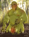  anthro bald balls blush body_hair chest_hair dialogue dreamworks english_text foreskin genitals hi_res humanoid light looking_at_viewer male mud nipples nude ogre penis plant severeni shrek_(character) shrek_(series) signature solo speech_bubble sunlight talking_to_viewer text tree watermark 