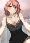  1girl bangs bare_shoulders black_negligee blunt_bangs blush breasts cleavage collarbone djpwjd1 highres lingerie love_live! love_live!_nijigasaki_high_school_idol_club medium_breasts negligee pout red_hair solo swept_bangs uehara_ayumu underwear underwear_only yellow_eyes 