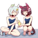  2girls =_= animal_ears bare_shoulders barefoot blue_one-piece_swimsuit bob_cut closed_eyes collarbone competition_school_swimsuit ear_covers grey_hair hair_ornament hairband hairclip highres horse_ears horse_girl horse_tail multiple_girls nishino_flower_(umamusume) one-piece_swimsuit purple_hair purple_hairband school_swimsuit seiun_sky_(umamusume) short_hair sitting squatting swimsuit tail tracen_swimsuit umamusume x_hair_ornament yonedatomo_mizu 