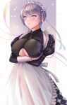  1girl apron azur_lane bangs bellona_(armed_to_clean)_(azur_lane) bellona_(azur_lane) black_dress breasts chest_belt closed_mouth clothing_cutout commentary_request crossed_arms dress earrings frilled_apron frills gloves grey_eyes grey_hair hair_between_eyes highres jewelry juliet_sleeves kemurikemu large_breasts long_sleeves looking_at_viewer maid maid_apron maid_headdress official_alternate_costume partial_commentary puffy_sleeves purple_eyes short_hair sidelocks smile solo standing underboob underboob_cutout white_apron white_gloves 