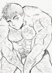  1boy abs arm_hair bara chest_hair completely_nude dickfish_(fishismdick) feet_out_of_frame flaccid from_above hairy highres john_rottweil_(dickfish) large_pectorals leg_hair looking_at_viewer male_focus male_pubic_hair mature_male muscular muscular_male navel navel_hair nipples nude original pectorals penis penis_peek pubic_hair raised_eyebrow scan short_hair sideburns sketch solo stomach thick_eyebrows thighs traditional_media v_arms 