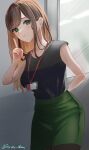  1girl bangs black_shirt blush brown_hair from_side green_eyes green_skirt highres id_card index_finger_raised long_hair looking_at_viewer looking_to_the_side michan127neko office_lady original pencil_skirt shirt skirt sleeveless sleeveless_shirt solo swept_bangs 