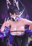  1girl animal_ears armpits bandeau bare_shoulders black_hair black_pants breasts bright_pupils cleavage collarbone cowboy_shot fake_animal_ears fox_shadow_puppet gas_mask goddess_of_victory:_nikke highres jacket large_breasts leaning_forward long_hair looking_at_viewer mask midriff off_shoulder pants ponytail purple_eyes purple_jacket shadow_cat_(u9nej2qzq9vzxcf) sin_(nikke) skindentation solo standing strapless thigh_gap tube_top very_long_hair yoga_pants 
