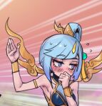  1girl arm_up bangs bare_shoulders blue_eyes blush breasts covering_mouth flying_sweatdrops hair_rings hand_over_own_mouth hand_up league_of_legends lowres lunar_empress_lux lux_(league_of_legends) medium_breasts multicolored_background official_alternate_costume phantom_ix_row shiny_skin short_hair solo sweat 