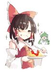  &gt;_&lt; 2girls apron ascot bangs bare_shoulders blush blush_stickers bow brown_eyes brown_hair closed_mouth deetamu detached_sleeves eating food food_on_face frog_hair_ornament green_hair hair_bow hair_ornament hair_tubes hakurei_reimu heart highres holding holding_spoon japanese_clothes kappougi kochiya_sanae long_hair multiple_girls nontraditional_miko omelet omurice open_mouth red_bow sidelocks simple_background smile snake_hair_ornament sparkle spoon touhou white_background white_sleeves wide_sleeves yellow_ascot 