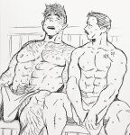  2boys abs arm_hair bara billy_russell_(dickfish) blush chest_hair couple covering dickfish_(fishismdick) facial_hair feet_out_of_frame hairy highres indoors john_rottweil_(dickfish) large_pectorals leg_hair looking_at_another male_focus male_pubic_hair mature_male multiple_boys muscular muscular_male mustache navel navel_hair nipples nude_cover original pectorals pubic_hair sauna scan scar short_hair sideburns sketch standing stomach sweat thick_eyebrows topless_male towel_around_waist traditional_media yaoi 
