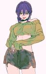  1girl bangs black_choker chainsaw_man choker cowboy_shot crop_top green_eyes hair_between_eyes hair_bun highres looking_at_viewer medium_hair midriff off-shoulder_sweater off_shoulder pecopecosupipi purple_hair reze_(chainsaw_man) shorts simple_background single_hair_bun solo sweater white_background 