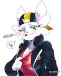  &lt;3 &lt;3_eyes anthro backwards_baseball_cap backwards_hat baseball_cap big_breasts black_clothing black_jacket black_topwear blush blush_lines bodily_fluids breasts bunne_(bunnemilk) bunnemilk cheek_tuft cleavage clothed clothing dialogue eyelashes facial_tuft female fur green_eyes hat headgear headwear hi_res jacket lactating lactating_through_clothing lagomorph leporid looking_at_viewer mammal milk presenting_cleavage rabbit red_clothing red_shirt red_topwear shirt simple_background smile solo talking_to_viewer text tongue tongue_out topwear tuft wet wet_clothing white_background white_body white_fur 