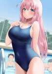  1girl 2boys bangs blue_eyes blue_one-piece_swimsuit bocchi_the_rock! breasts commentary_request competition_school_swimsuit cowboy_shot embarrassed gotou_hitori hair_between_eyes komugikokonko large_breasts long_hair multiple_boys one-piece_swimsuit one_side_up pink_hair pool pool_ladder school_swimsuit solo_focus swimsuit 