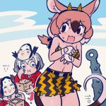  3girls alternate_costume animal_ears bandeau beans belt black_hair blush brown_eyes brown_hair club_(weapon) eating_hair embarrassed eurasian_eagle_owl_(kemono_friends) fake_horns gambian_rat_(kemono_friends) grey_hair hair_between_eyes hairband highres horns inada_roku japanese_clothes kanabou kemono_friends light_brown_hair long_hair looking_at_viewer low_ponytail mamemaki mask mask_on_head medium_hair mouse_ears mouse_girl mouse_tail multicolored_hair multiple_girls navel noh_mask northern_white-faced_owl_(kemono_friends) oni oni_costume oni_horns open_mouth owl_ears ponytail setsubun shorts spiked_club stomach strapless sweat tail weapon 
