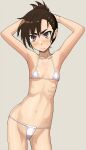  1girl armpits arms_behind_head arms_up bare_shoulders bikini blush brown_hair closed_mouth cowboy_shot embarrassed flat_chest grey_background highres looking_at_viewer navel onimushi_hyogo original pink_eyes ponytail ribs short_ponytail simple_background skinny standing string_bikini sweat sweatdrop swimsuit white_bikini 