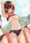  3girls :/ armpits arms_up bare_arms bent_over black_buruma blue_sky blurry blurry_background blush breasts brown_eyes brown_hair buruma closed_mouth cloud cowboy_shot day groin hair_ornament highres long_hair looking_at_viewer medium_breasts minato_ojitan mole mole_under_eye multiple_girls navel nipples original outdoors red_sports_bra sidelocks sky solo_focus sports_bra sports_bra_lift standing stomach stretching sweat tan tanlines thighs track_and_field underwear wet x_hair_ornament 