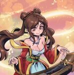  1girl bangs bare_shoulders bead_necklace beads breasts brown_eyes brown_hair cleavage double_bun guqin_sona hair_bun instrument jacket jewelry large_breasts league_of_legends long_hair long_sleeves musical_note necklace official_alternate_costume parted_bangs phantom_ix_row red_jacket shiny_skin smile solo sona_(league_of_legends) 