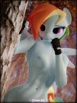  3:4 3d_(artwork) absurd_res anthro areola breasts clothing digital_media_(artwork) equid equine female fingerless_gloves forest friendship_is_magic gloves gloves_only hair handwear handwear_only hasbro hi_res mammal mostly_nude multicolored_hair my_little_pony nipples pegasus plant purple_eyes rainbow_dash_(mlp) rainbow_hair small_breasts solo steamyart training tree wings 