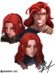  1girl 2boys absurdres artist_name brother_and_sister brothers elden_ring highres long_hair looking_at_viewer lunar_princess_ranni multiple_boys red_hair rykard_lord_of_blasphemy satsustrive siblings signature smile snake starscourge_radahn white_background yellow_eyes 