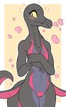  absurd_res anthro black_body blush bodily_fluids border female generation_7_pokemon genitals hi_res looking_at_viewer nervous nintendo pokemon pokemon_(species) purple_body pussy rivvoncat salazzle simple_background solo sweat white_border yellow_background yellow_eyes 