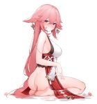  1girl amiamie animal_ears ass bare_arms bare_shoulders barefoot blush breasts closed_mouth earrings feet floppy_ears floral_print flower flower_knot fox_ears full_body genshin_impact hand_on_own_thigh highres japanese_clothes jewelry large_breasts long_hair looking_at_viewer looking_to_the_side miko no_detached_sleeves no_panties pink_flower pink_hair purple_eyes red_sash ribbon_trim sash seiza shirt sideboob simple_background sitting sleeveless sleeveless_shirt smile soles solo tassel thighs toes turtleneck white_background yae_miko 