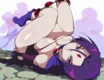  1girl aetherion belt boots breasts cleavage dc_comics forehead_jewel frown large_breasts legs leotard lips looking_at_viewer lying on_back on_ground purple_eyes purple_hair raven_(dc) shiny_skin short_hair skindentation smoke solo teen_titans torn_clothes 