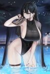  1girl bangs bare_shoulders black_hair black_one-piece_swimsuit blush breasts classy-black-haired_girl_(hayabusa) collarbone commentary covered_navel duplicate hayabusa highleg highleg_swimsuit highres large_breasts long_hair looking_to_the_side mole mole_under_eye mole_under_mouth night night_sky one-piece_swimsuit original pixel-perfect_duplicate pool purple_eyes sideboob sky solo swimsuit symbol-only_commentary thighs wading water 