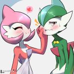  &lt;3 1:1 blush bodily_fluids bow_tie bunnemilk cheek_pinch duo eyelashes eyes_closed female gallade gardevoir generation_3_pokemon generation_4_pokemon green_body green_hair grey_background hair hi_res humanoid looking_at_viewer male nintendo pinching_cheeks pink_body pink_eyes pink_hair pokemon pokemon_(species) simple_background smile speech_bubble sweat sweatdrop wavy_mouth white_body 