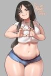  agawa_ryou blue_shorts blush breasts brown_hair covered_nipples crop_top grey_eyes heart-shaped_boob_challenge long_hair navel original plump shirt short_shorts shorts small_breasts smile smug thick_thighs thighs white_shirt wide_hips 