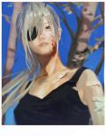  1girl 637_00e_seran bandaid bandaid_on_arm bandaid_on_chest bare_tree black_tank_top blood blood_on_face border chainsaw_man eyepatch grey_hair highres long_hair looking_at_viewer ponytail quanxi_(chainsaw_man) solo tank_top torn_clothes tree white_border 