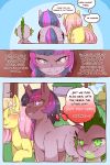  blush butt cold-blooded-twilight comic dialogue dragon equid equine equine_anus female feral fluttershy_(mlp) friendship_is_magic fur hair hasbro hi_res horn larger_female mammal my_little_pony pink_hair size_difference spike_(mlp) twilight_sparkle_(mlp) unicorn yellow_body yellow_fur 